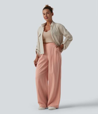 High Waisted Crossover Wide Leg Casual Linen-Feel Pants with Pockets