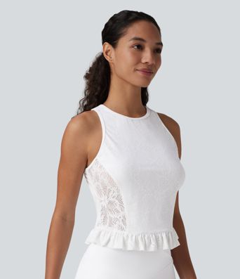 Round Neck Ruffle Hem Lace Casual Tank Top