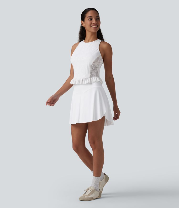 Round Neck Ruffle Hem Lace Casual Tank Top