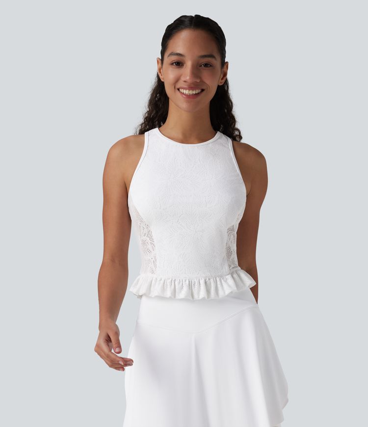 Round Neck Ruffle Hem Lace Casual Tank Top