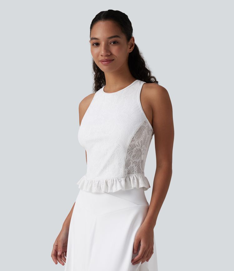 Round Neck Ruffle Hem Lace Casual Tank Top