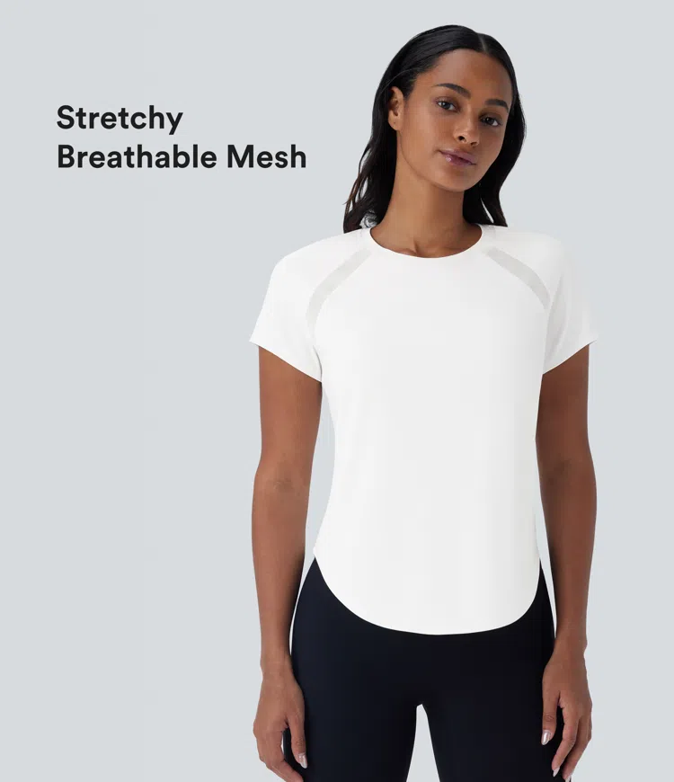 White SoftlyZero™ QuickDry Crew Neck Short Sleeve Contrast Mesh Curved Hem Women Gym Running Sports Top / 1
