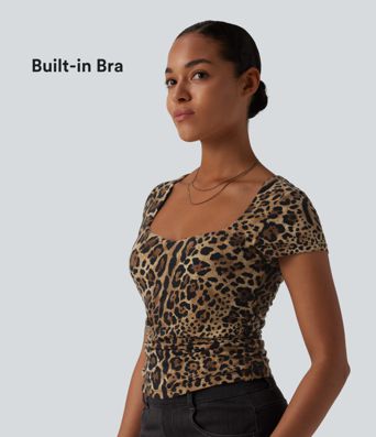 Square Neck Short Sleeve Ruched Leopard Print Casual T-Shirt