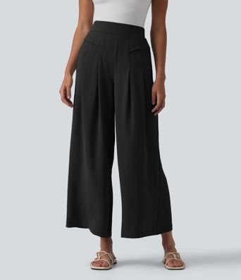 Mid Rise Wide Leg Casual Linen-Feel Pants with Pockets