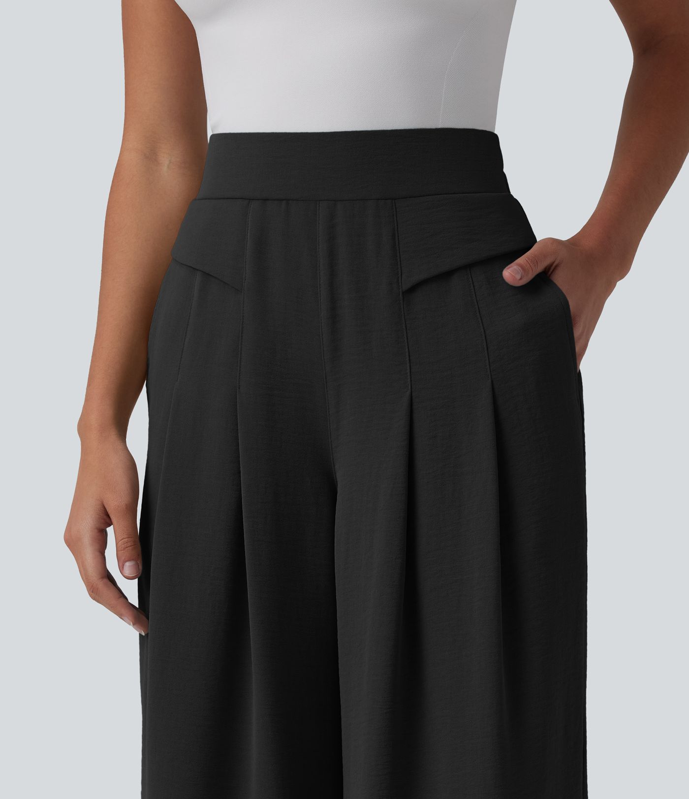 Mid Rise Wide Leg Casual Linen-Feel Pants with Pockets