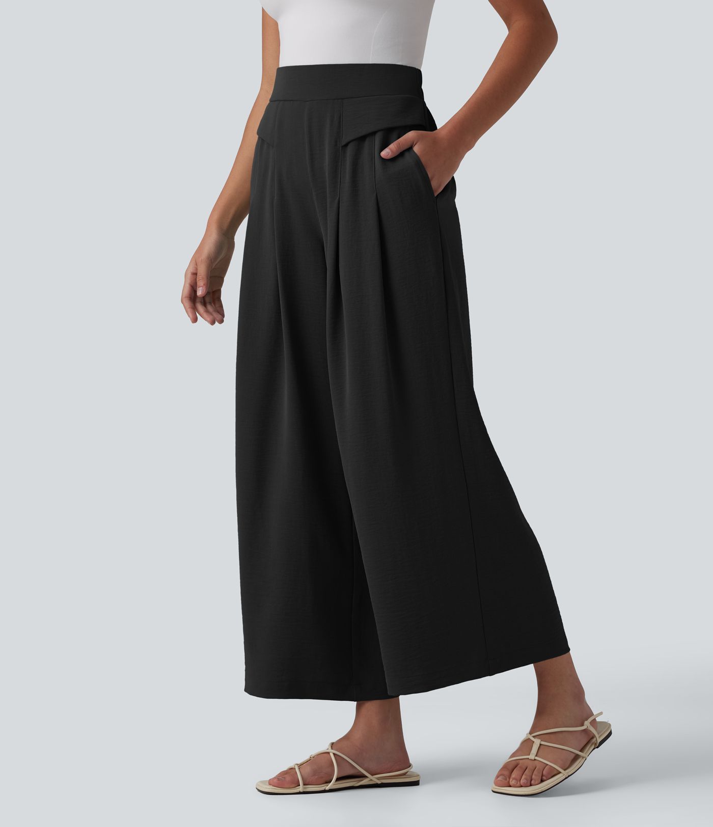 Mid Rise Wide Leg Casual Linen-Feel Pants with Pockets
