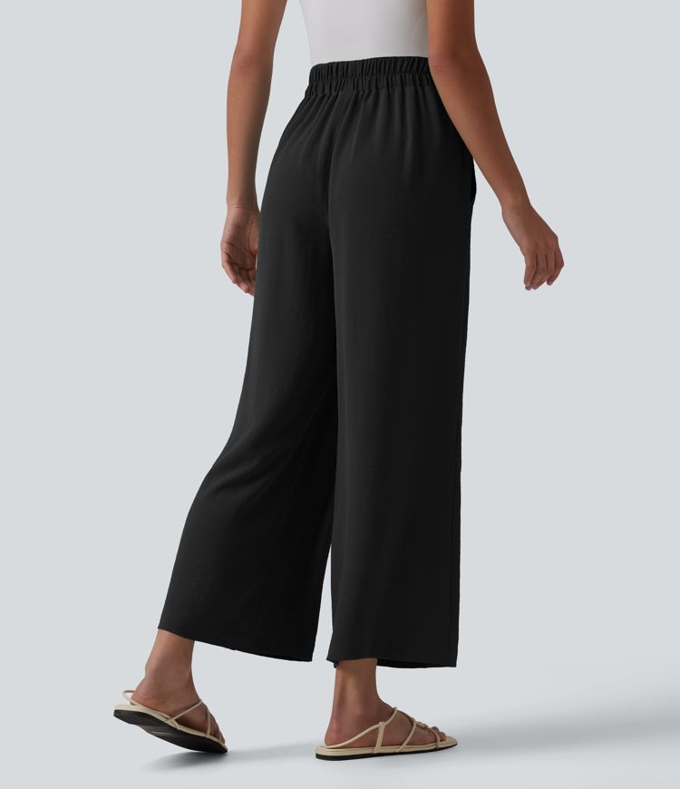 Mid Rise Wide Leg Casual Linen-Feel Pants with Pockets