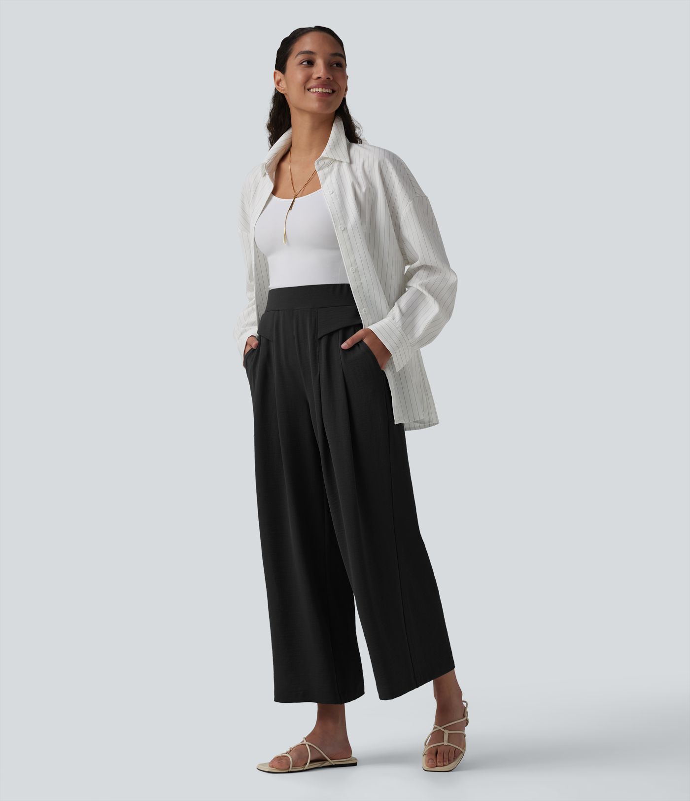 Mid Rise Wide Leg Casual Linen-Feel Pants with Pockets