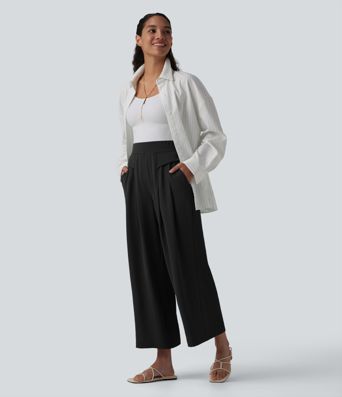 Mid Rise Wide Leg Casual Linen-Feel Pants with Pockets