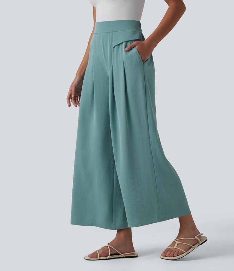Mid Rise Wide Leg Casual Linen-Feel Pants with Pockets