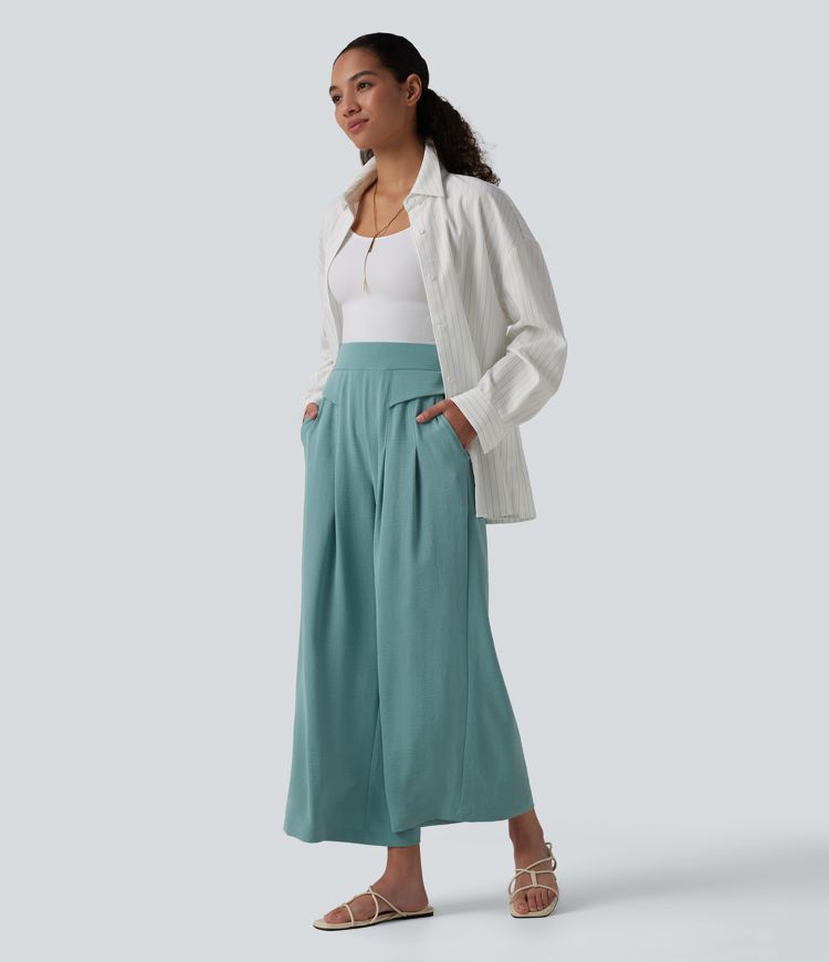 Mid Rise Wide Leg Casual Linen-Feel Pants with Pockets