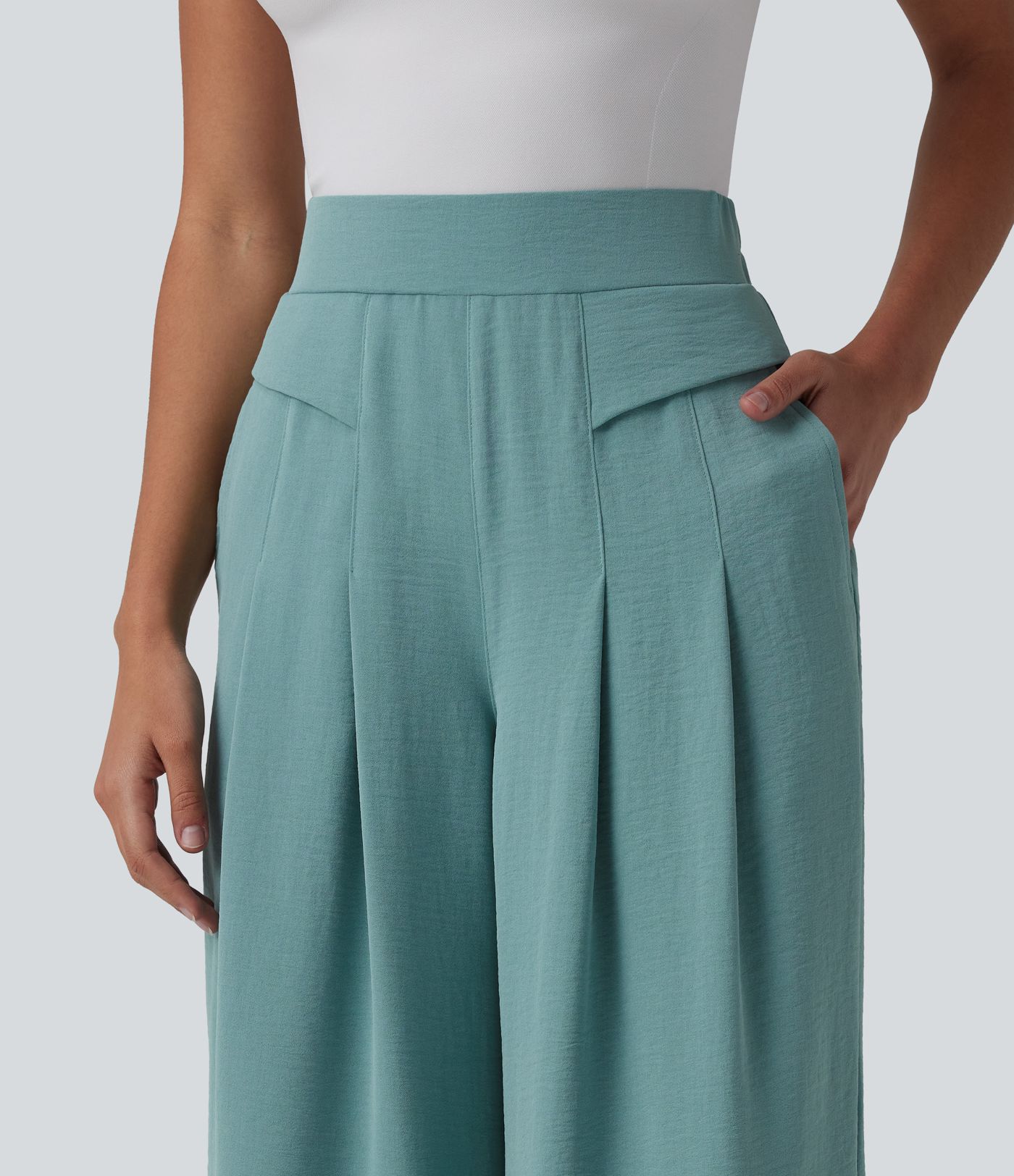 Mid Rise Wide Leg Casual Linen-Feel Pants with Pockets