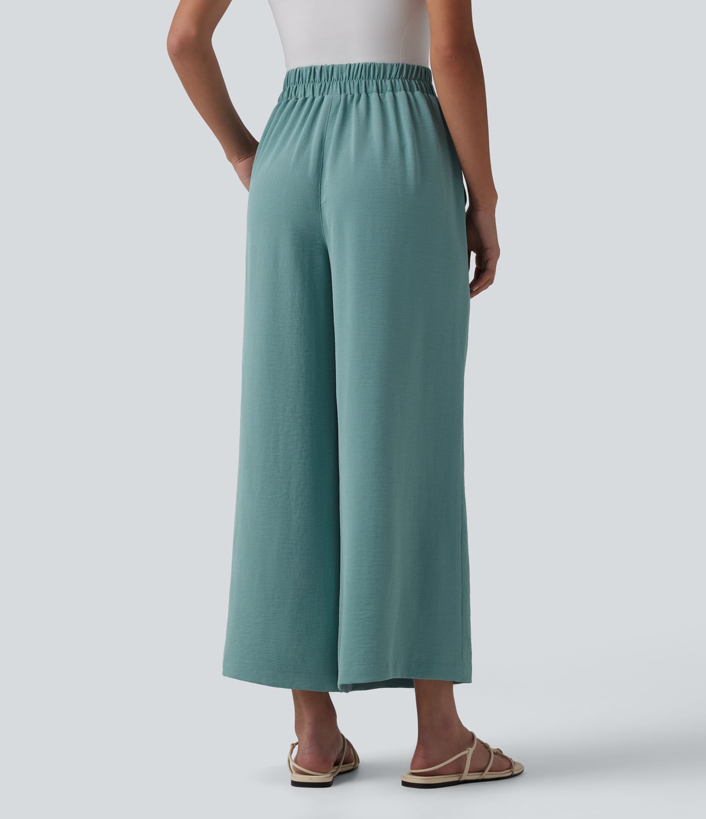 Mid Rise Wide Leg Casual Linen-Feel Pants with Pockets