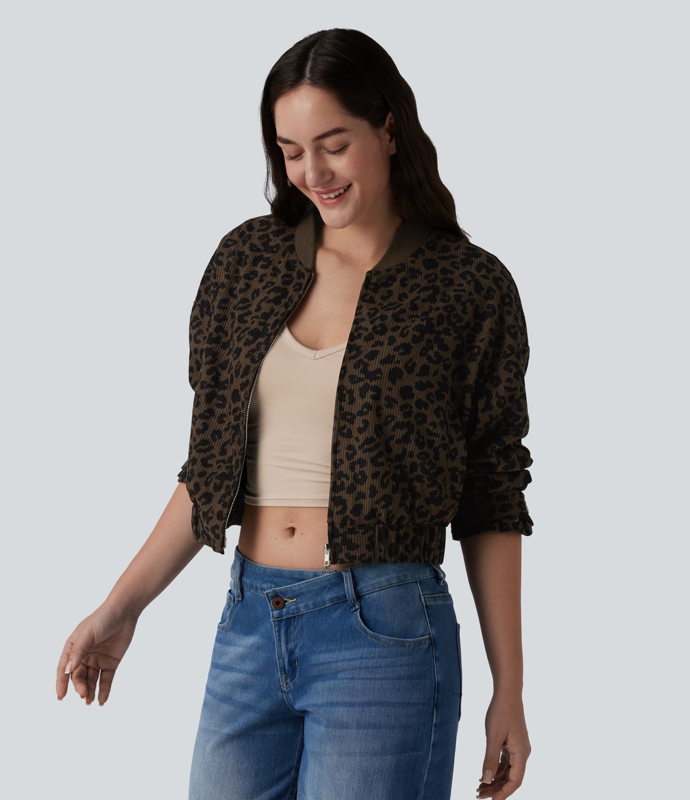 Long Sleeve Leopard Print Bomber Jacket with Pockets