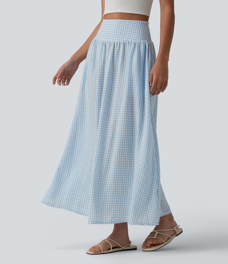 High Waisted Plaid Midi Casual Skirt with Pockets