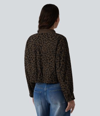 Long Sleeve Leopard Print Bomber Jacket with Pockets