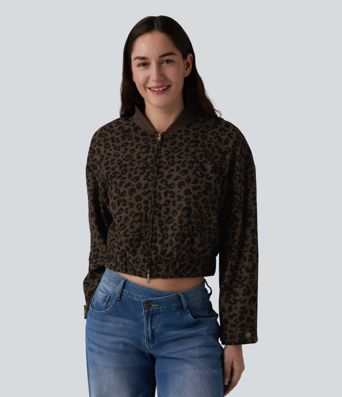 Long Sleeve Leopard Print Bomber Jacket with Pockets