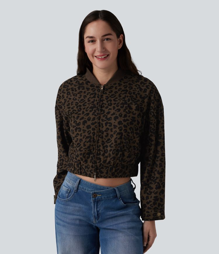Long Sleeve Leopard Print Bomber Jacket with Pockets
