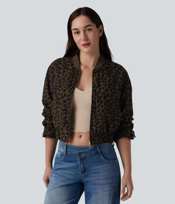 Long Sleeve Leopard Print Bomber Jacket with Pockets