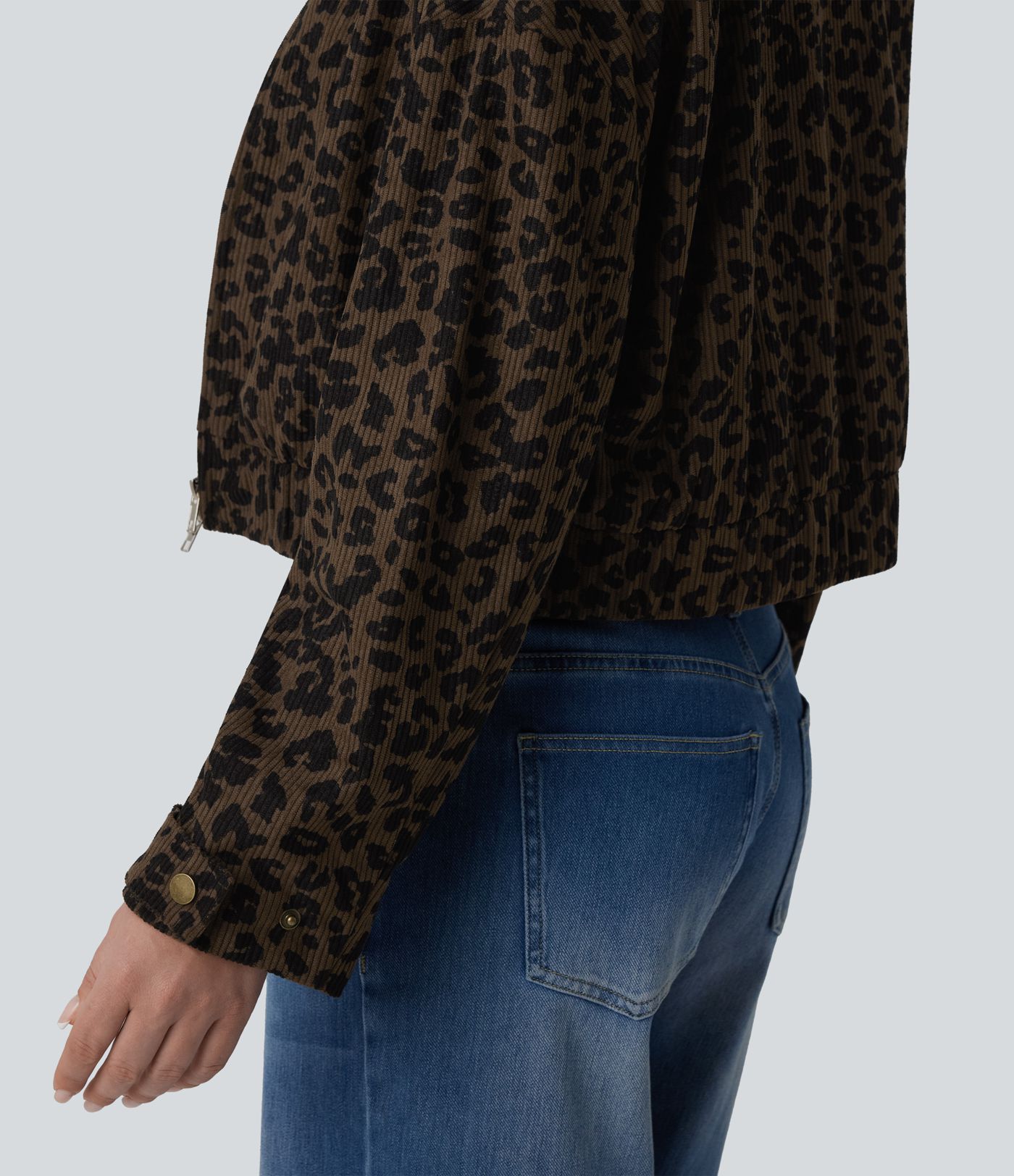 Long Sleeve Leopard Print Bomber Jacket with Pockets