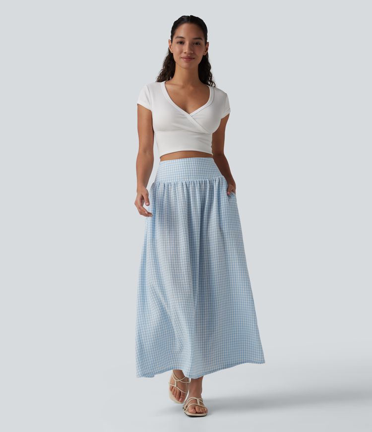 High Waisted Plaid Midi Casual Skirt with Pockets