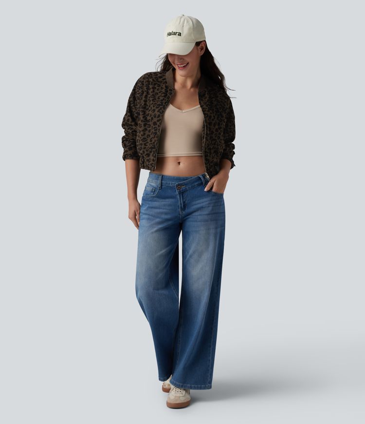 Long Sleeve Leopard Print Bomber Jacket with Pockets