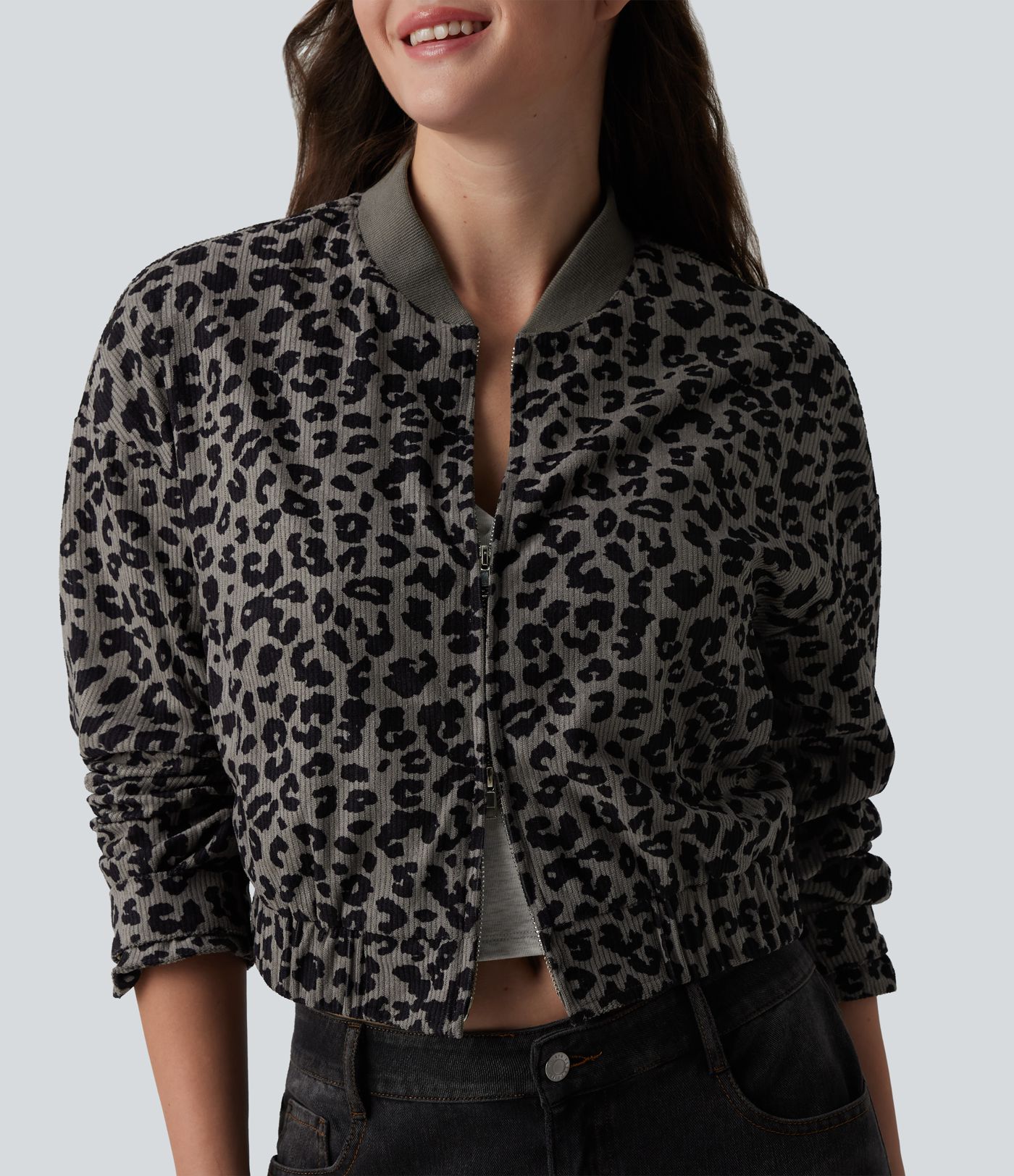 Long Sleeve Leopard Print Bomber Jacket with Pockets