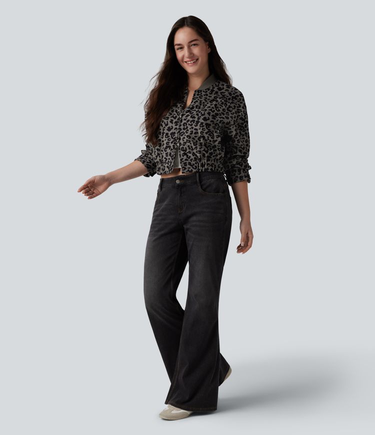 Long Sleeve Leopard Print Bomber Jacket with Pockets