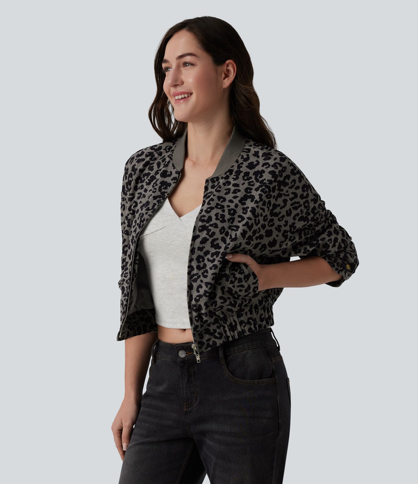 Long Sleeve Leopard Print Bomber Jacket with Pockets