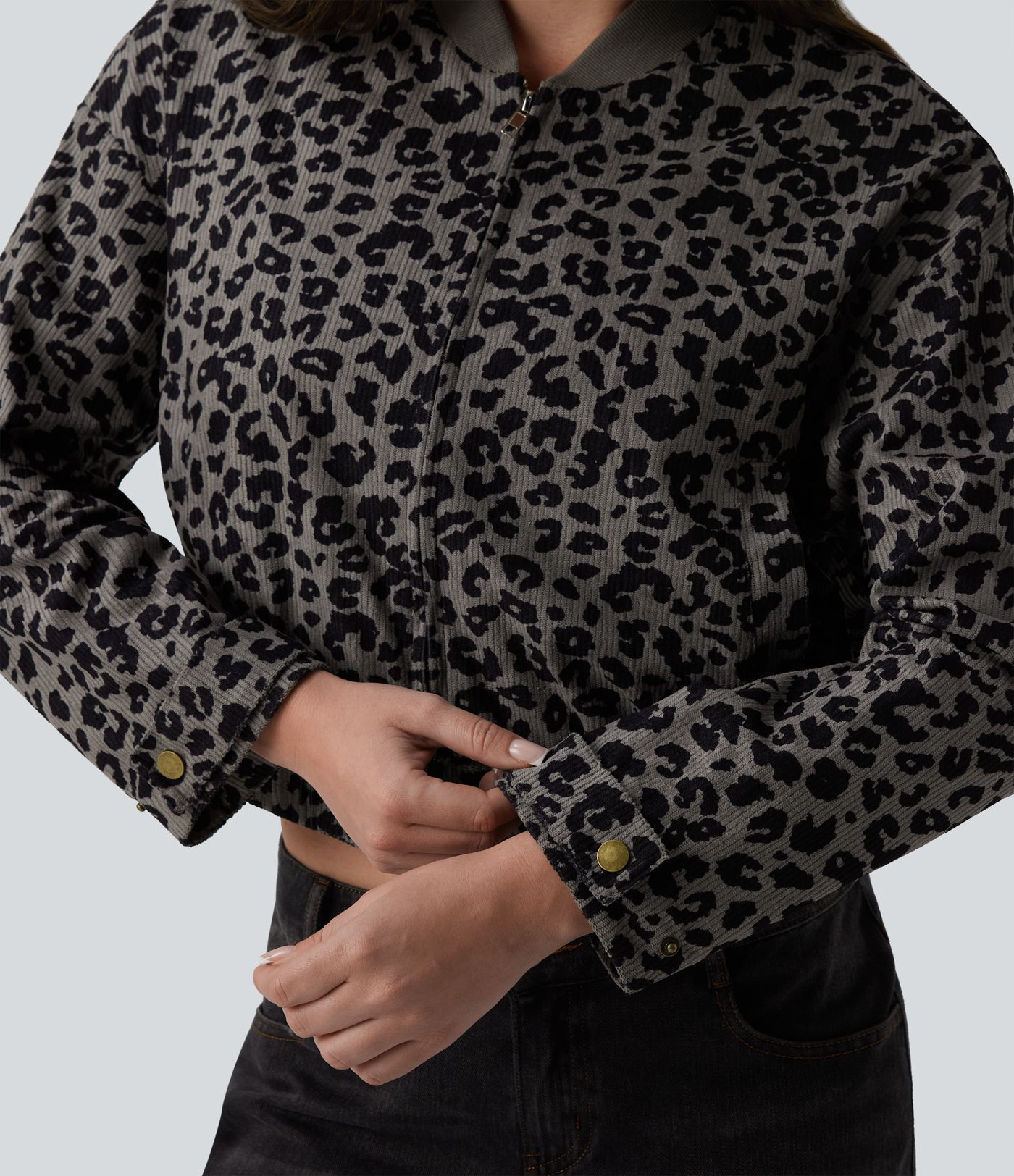 Long Sleeve Leopard Print Bomber Jacket with Pockets