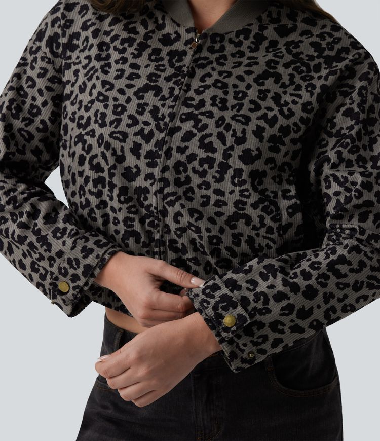 Long Sleeve Leopard Print Bomber Jacket with Pockets