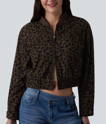 Long Sleeve Leopard Print Bomber Jacket with Pockets