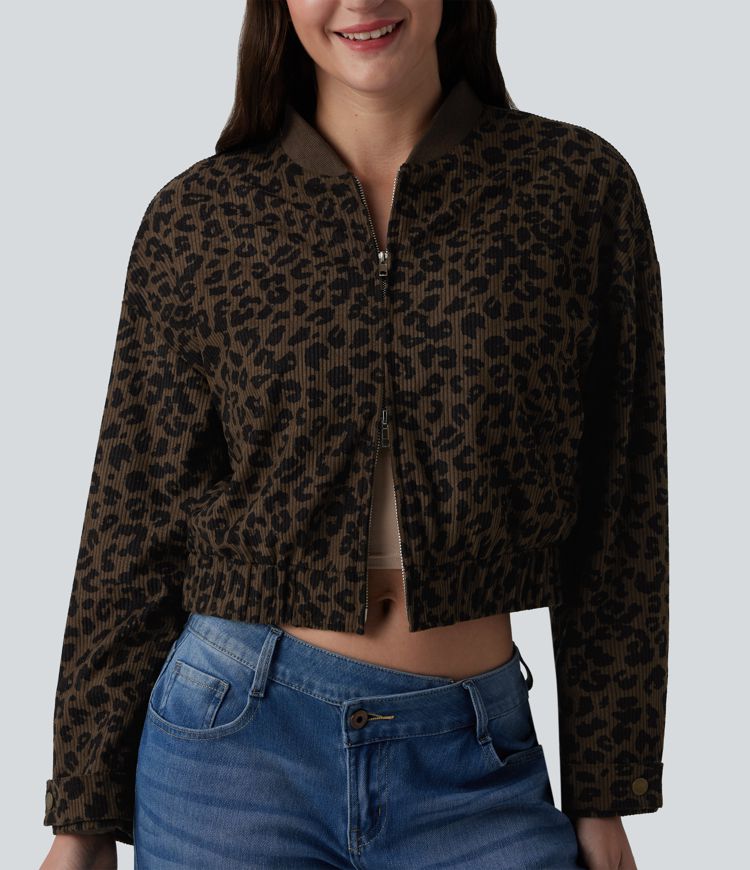 Long Sleeve Leopard Print Bomber Jacket with Pockets