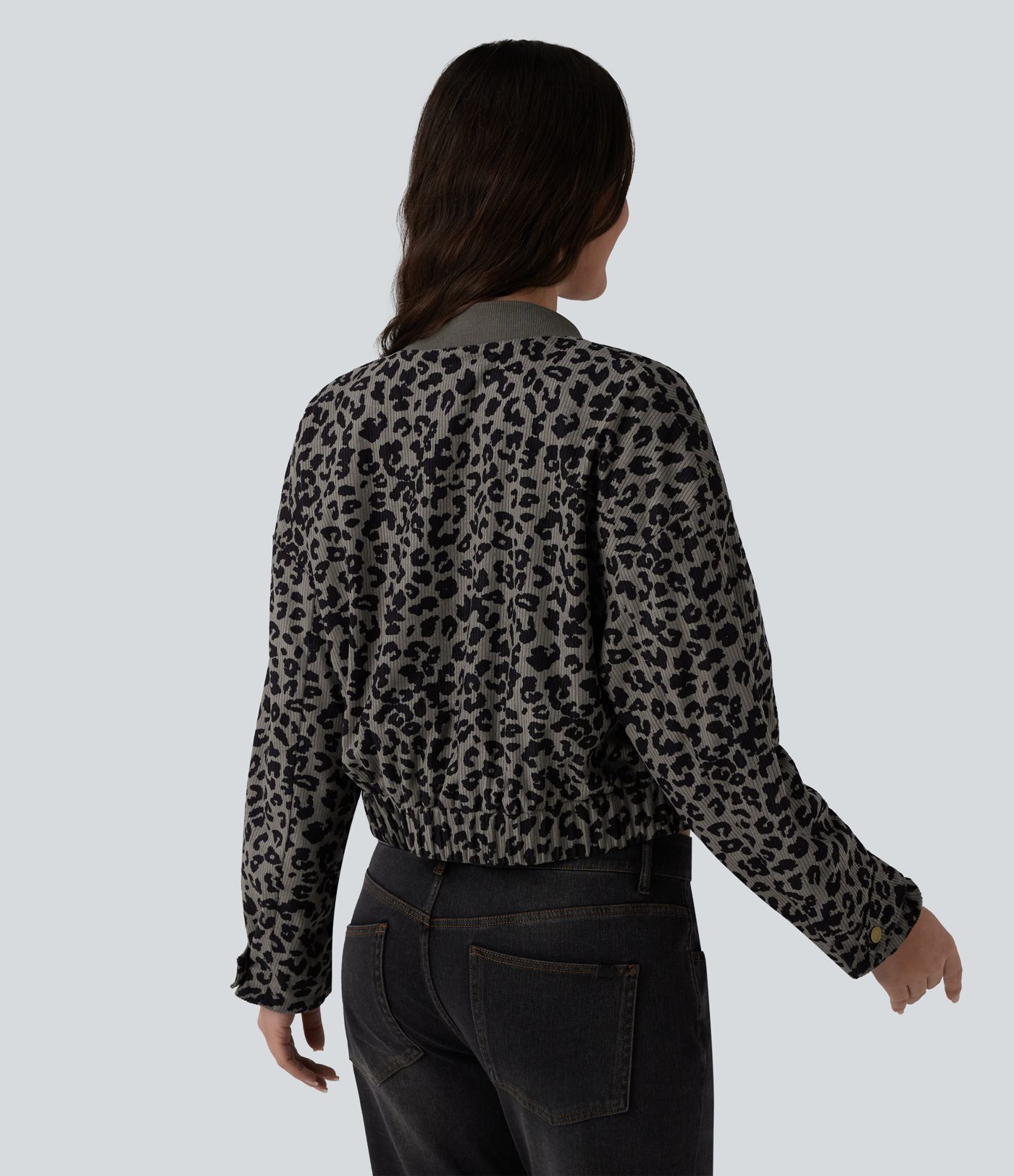 Long Sleeve Leopard Print Bomber Jacket with Pockets