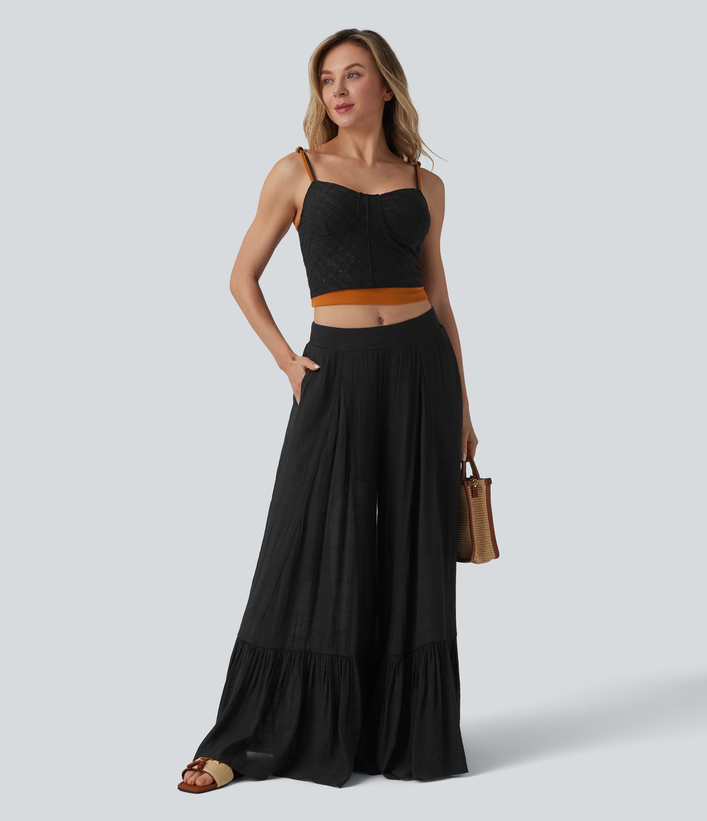 Pantalon baggy fluide taille mi-haute 2-en-1 avec poches