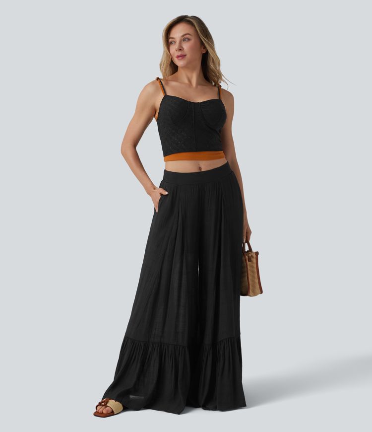 Pantalon baggy fluide taille mi-haute 2-en-1 avec poches