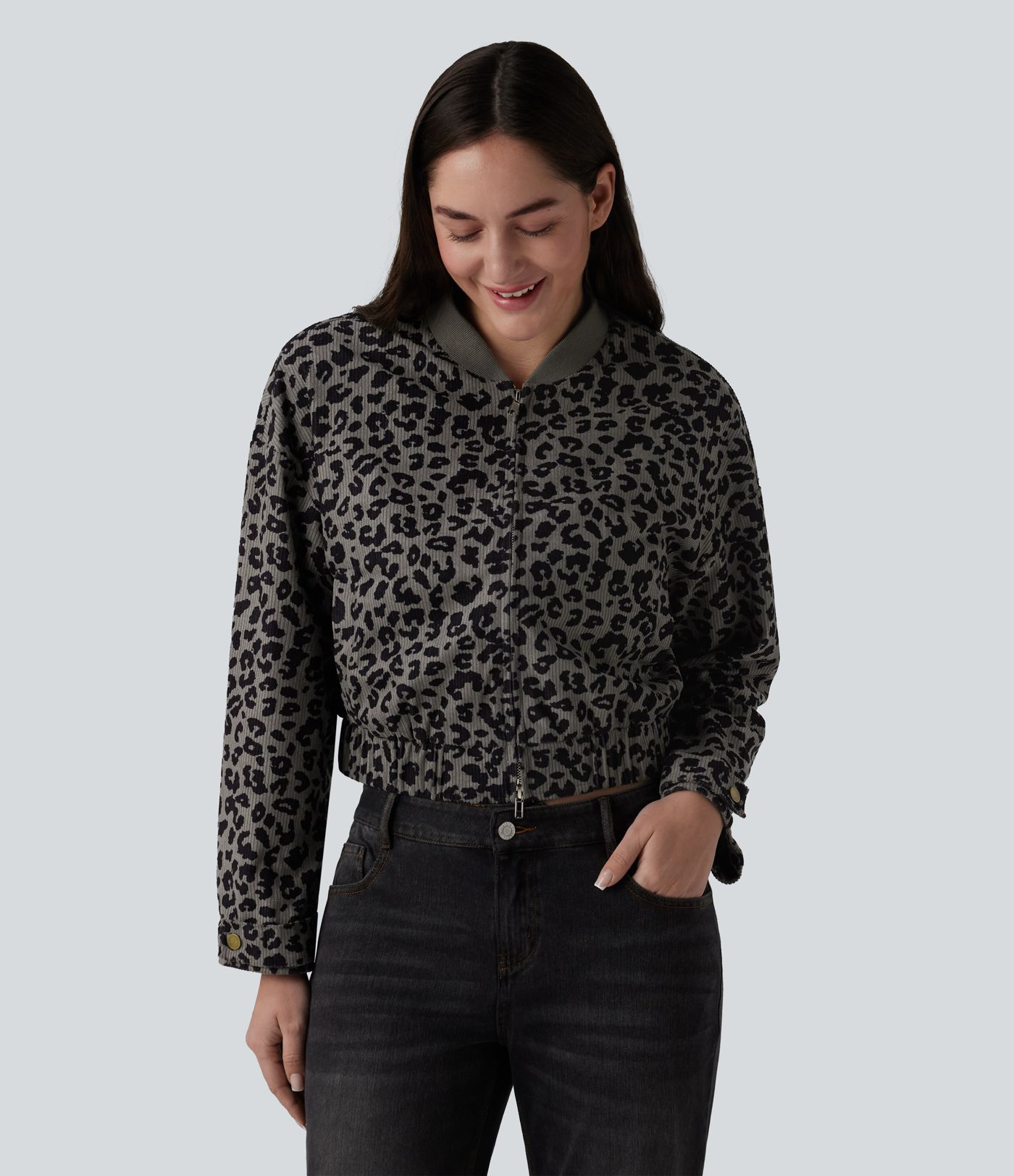 Long Sleeve Leopard Print Bomber Jacket with Pockets