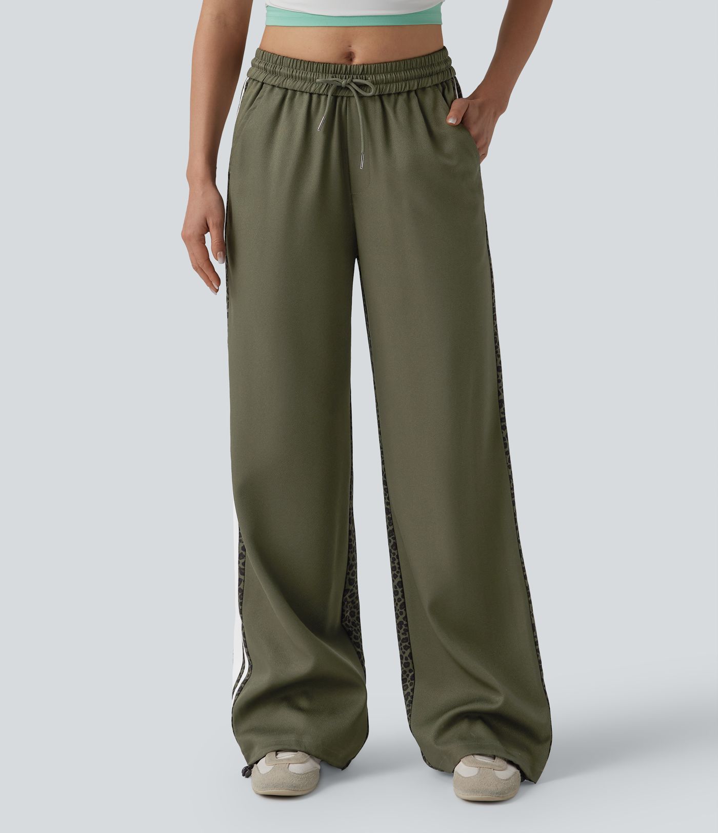 Mid Rise Drawstring Color Block Stripes Contrast Leopard Casual Baggy Pants with Pockets