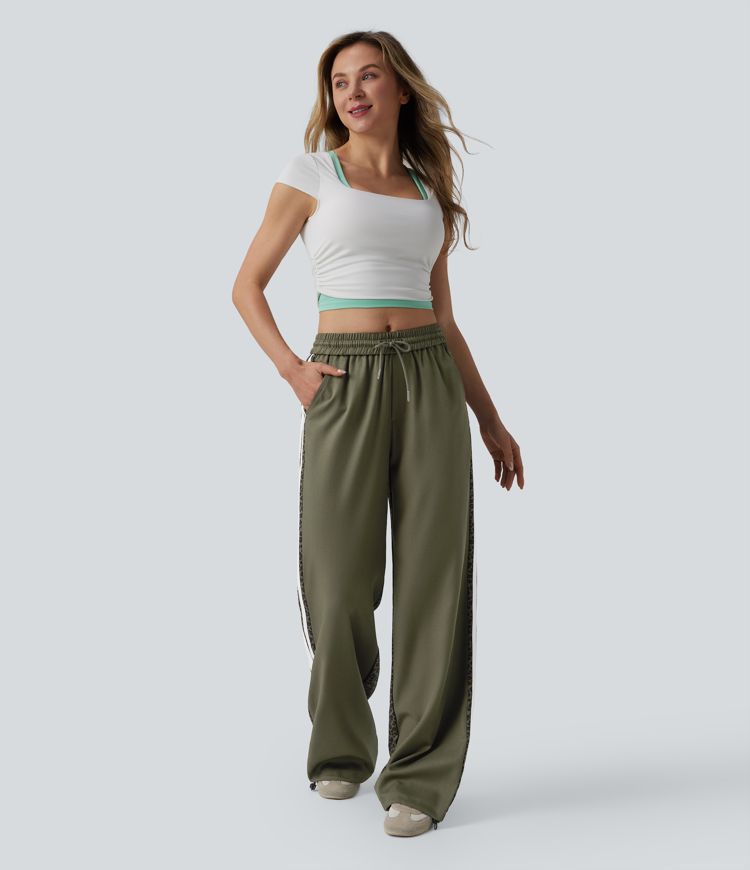 Mid Rise Drawstring Color Block Stripes Contrast Leopard Casual Baggy Pants with Pockets