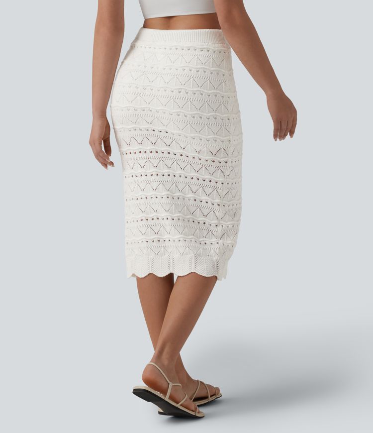 High Waisted 2-in-1 Open Knit Midi Sweater Skirt with Pockets