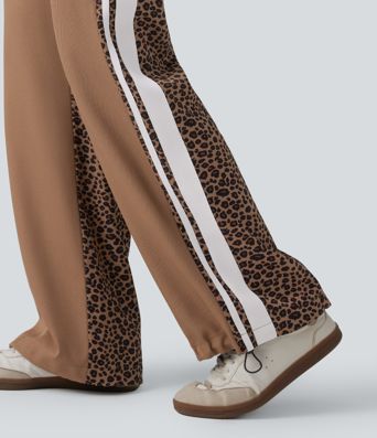 Mid Rise Drawstring Color Block Stripes Contrast Leopard Casual Baggy Pants with Pockets