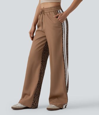 Mid Rise Drawstring Color Block Stripes Contrast Leopard Casual Baggy Pants with Pockets