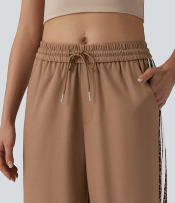 Mid Rise Drawstring Color Block Stripes Contrast Leopard Casual Baggy Pants with Pockets