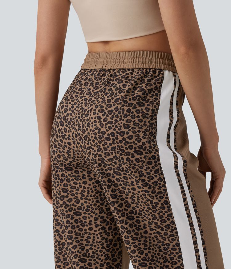 Mid Rise Drawstring Color Block Stripes Contrast Leopard Casual Baggy Pants with Pockets