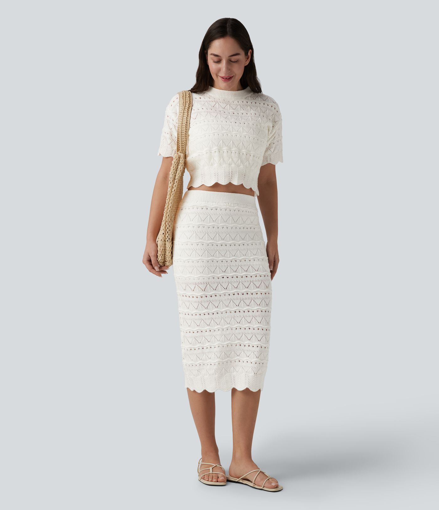 High Waisted 2-in-1 Open Knit Midi Sweater Skirt with Pockets