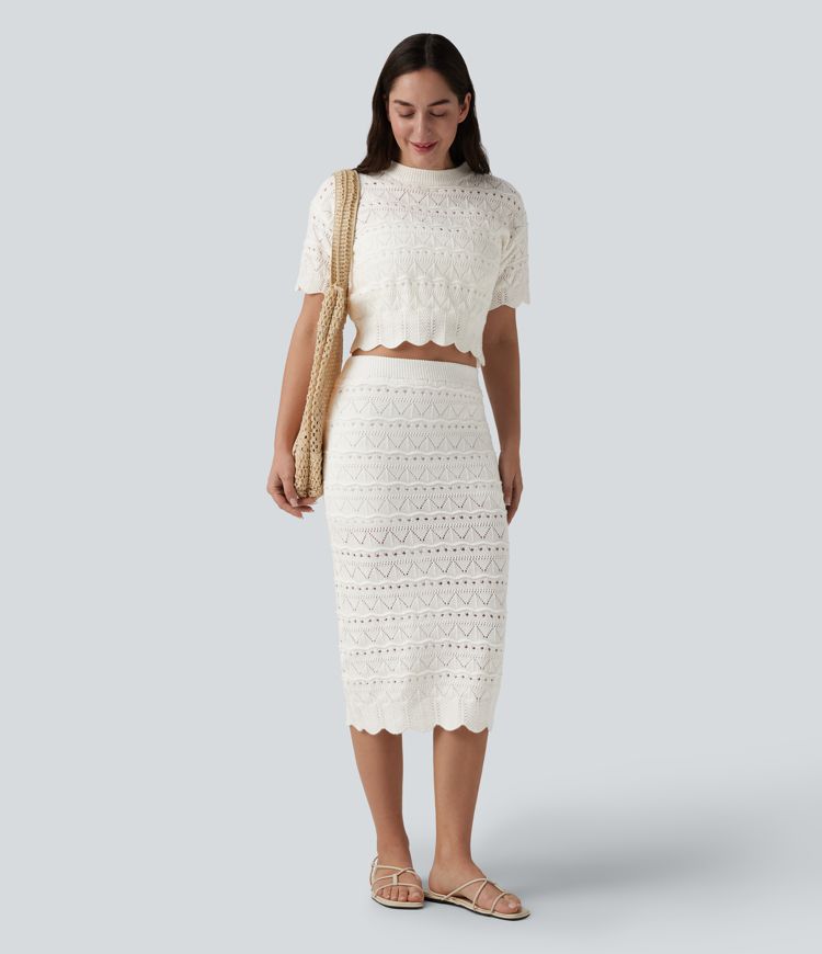High Waisted 2-in-1 Open Knit Midi Sweater Skirt with Pockets