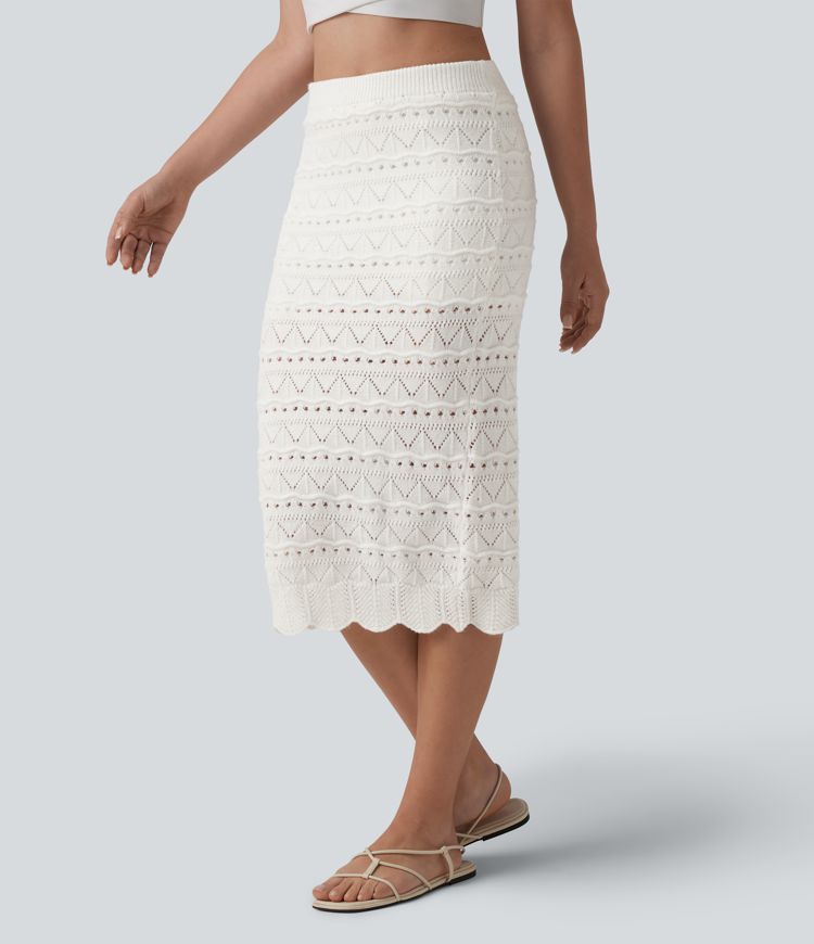 High Waisted 2-in-1 Open Knit Midi Sweater Skirt with Pockets