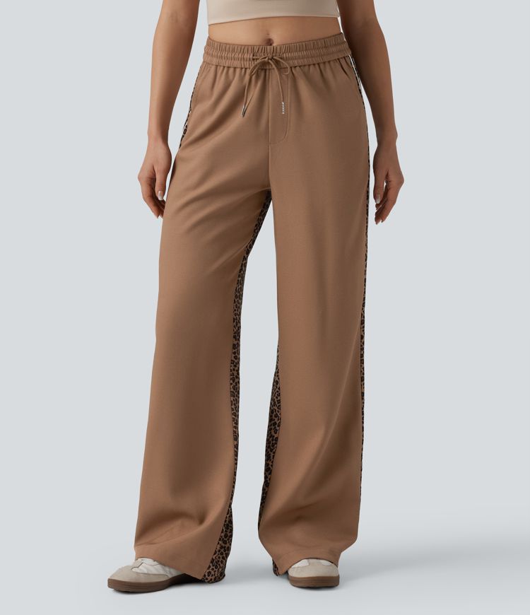 Mid Rise Drawstring Color Block Stripes Contrast Leopard Casual Baggy Pants with Pockets