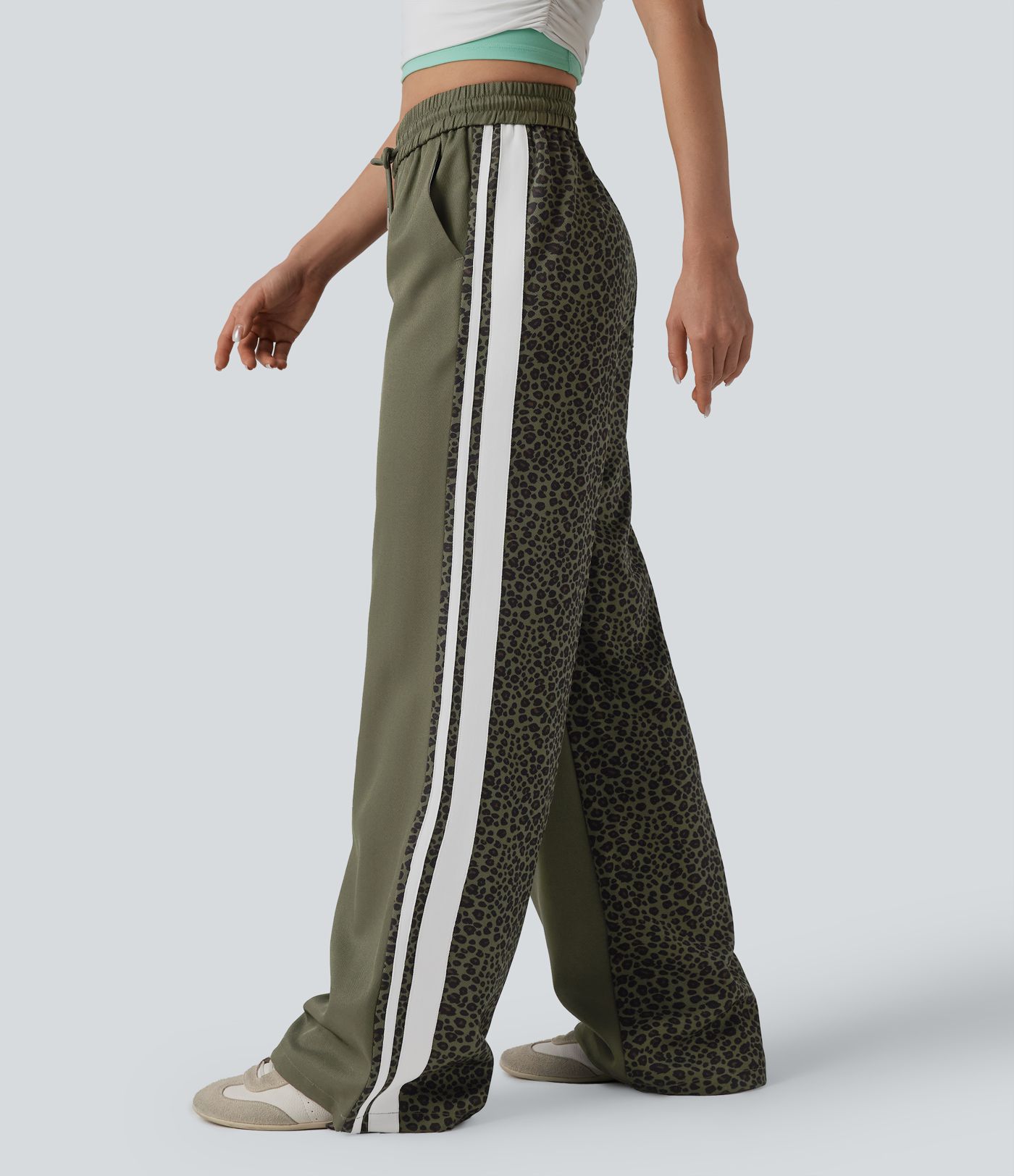 Mid Rise Drawstring Color Block Stripes Contrast Leopard Casual Baggy Pants with Pockets