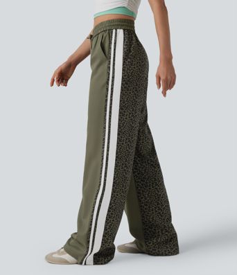 Mid Rise Drawstring Color Block Stripes Contrast Leopard Casual Baggy Pants with Pockets